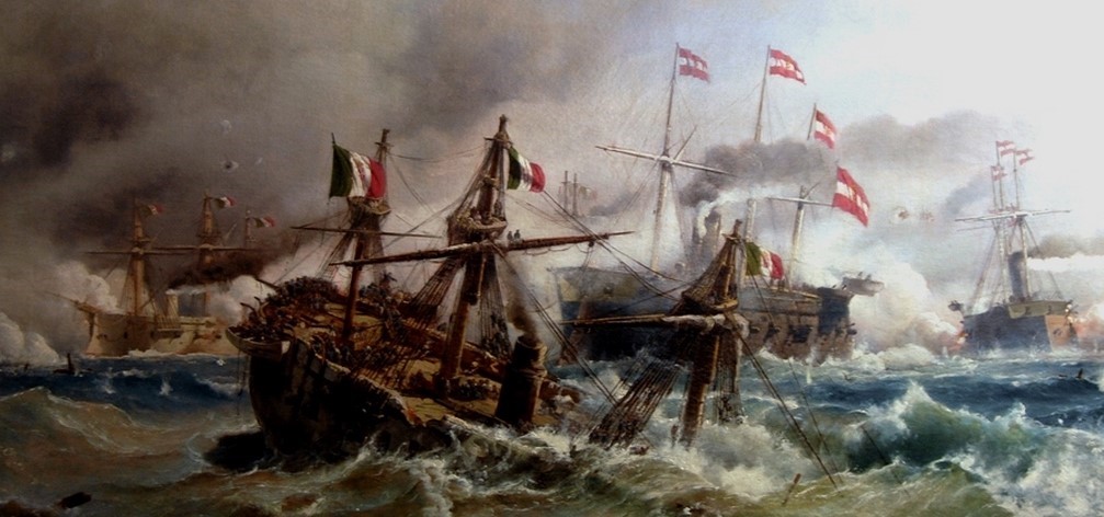 Battle of Lissa, 1866. Italian Ironclad sinks. Marines on deck give a parting volley of defiance at the Austrian ironclad frigate that sunk their ship.
