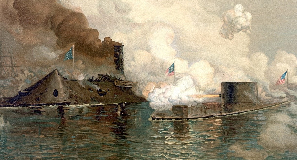 The CSS Virginia and USS Monitor bounce rounds off each other’s armour.  A frustrated Confederate officer commanding a gun said 