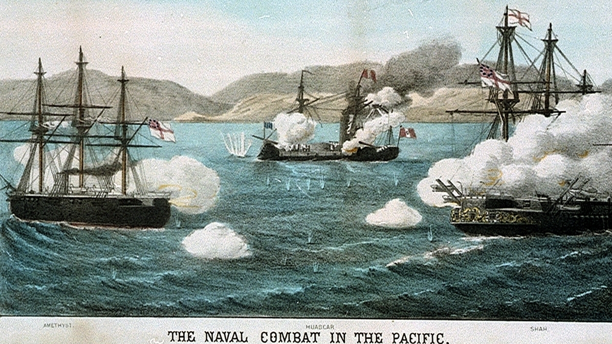 HMS Shah and HMS Amethyst engage the Peruvian Rebel Ironclad Turret Ram Huascar.