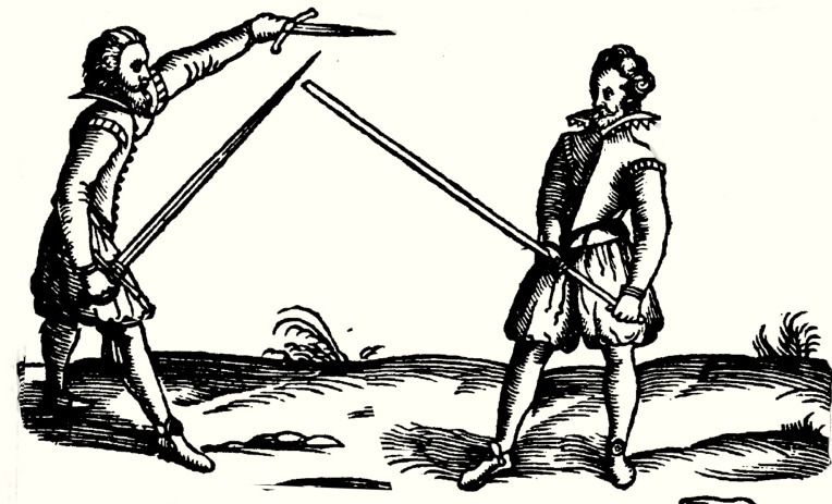 Here the quarterstaff is held in the low guard position point at head to the opponent, ready to thrust. (Two engravings merged from Joseph Swetnam's defence treatise, 1619)