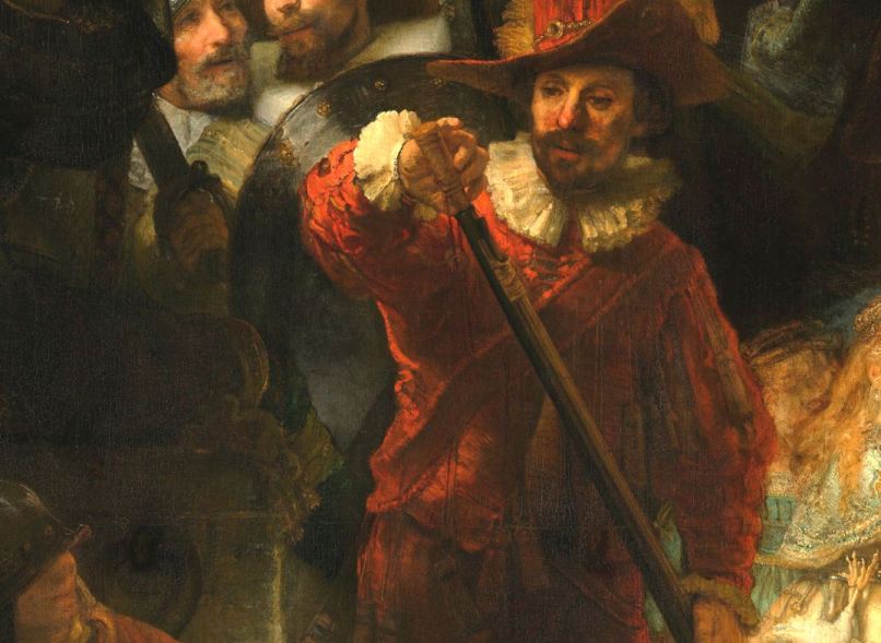 Musketeer loading a charge of powder from a wooden apostle from his bandolier into the muzzle of this matchlock musket. (from Rembrandt's The Night Watch, 1648)