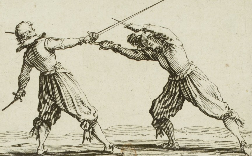 Fighting with rapier and dagger. Peeke was fighting with a light dagger called a Poignard.Trapping the enemy's rapier blade is best done when the dagger's cross-guard is hook-shaped.