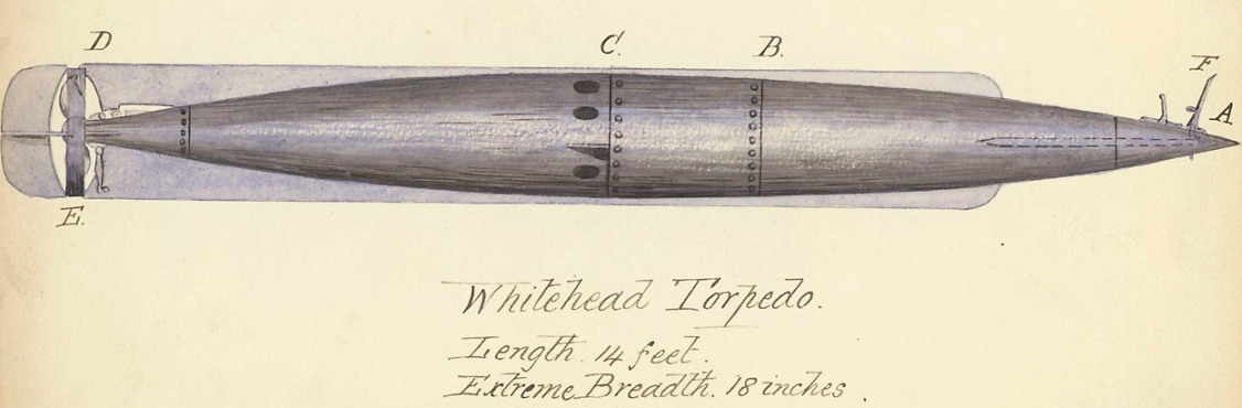 Whitehead Torpedo, 1877.  A.-B. The Charge Chamber of sheet iron. B.-C. Adjustment Chamber of sheet iron.  