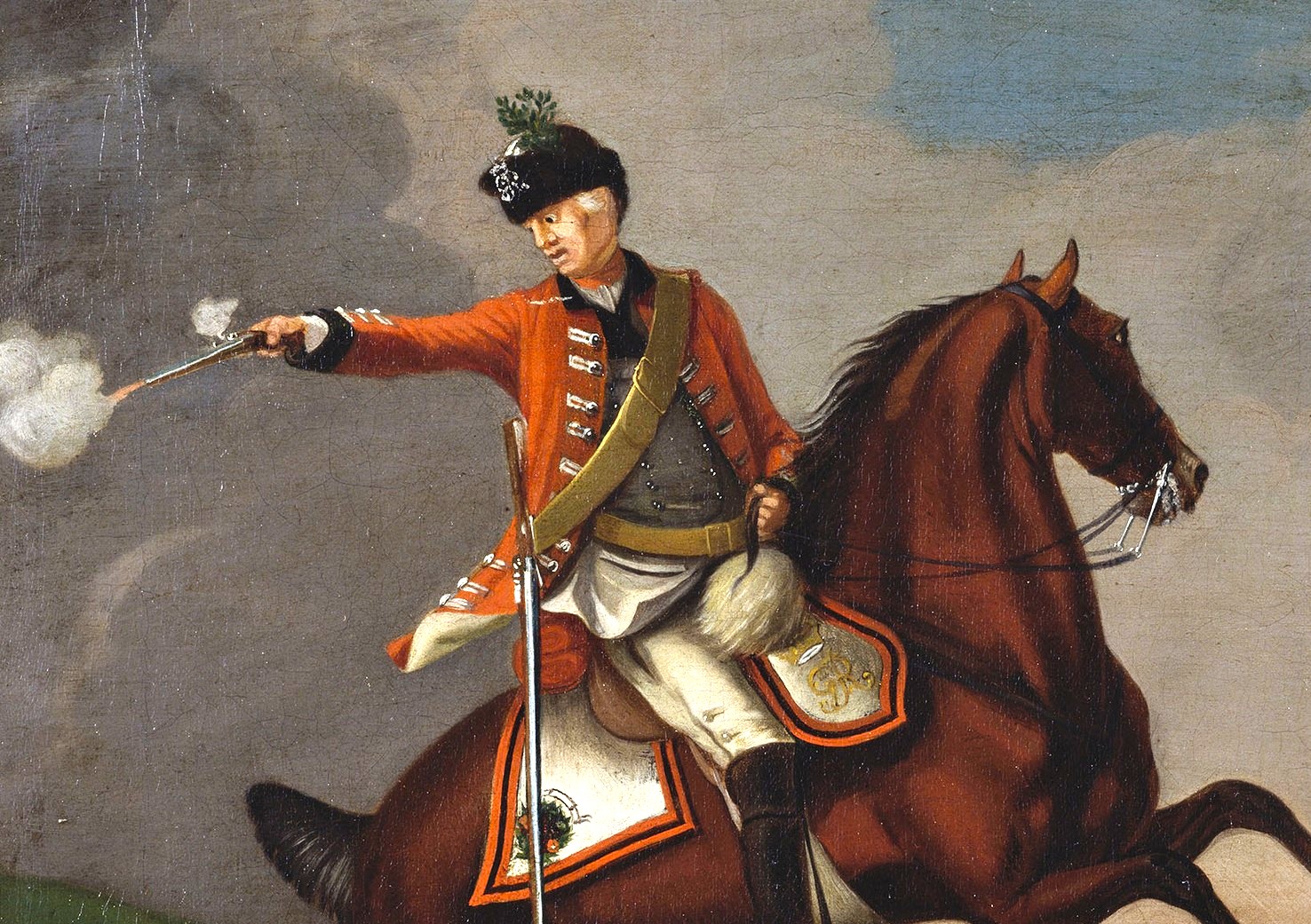 16th Light Dragoons trooper firing a pistol on horseback, 1761