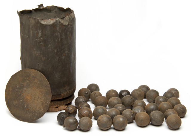 Artillery shot-canister for a 12-pounder cannon from the Civil War era. From the collection of the Minnesota Historical Society.