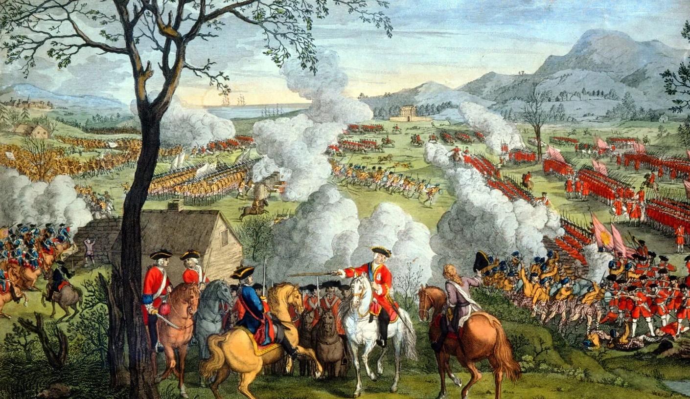 Battle of Culloden, 1746. To the left a body of Dragoons unleash a volley of pistol fire surprising the right flank of the Highland army.