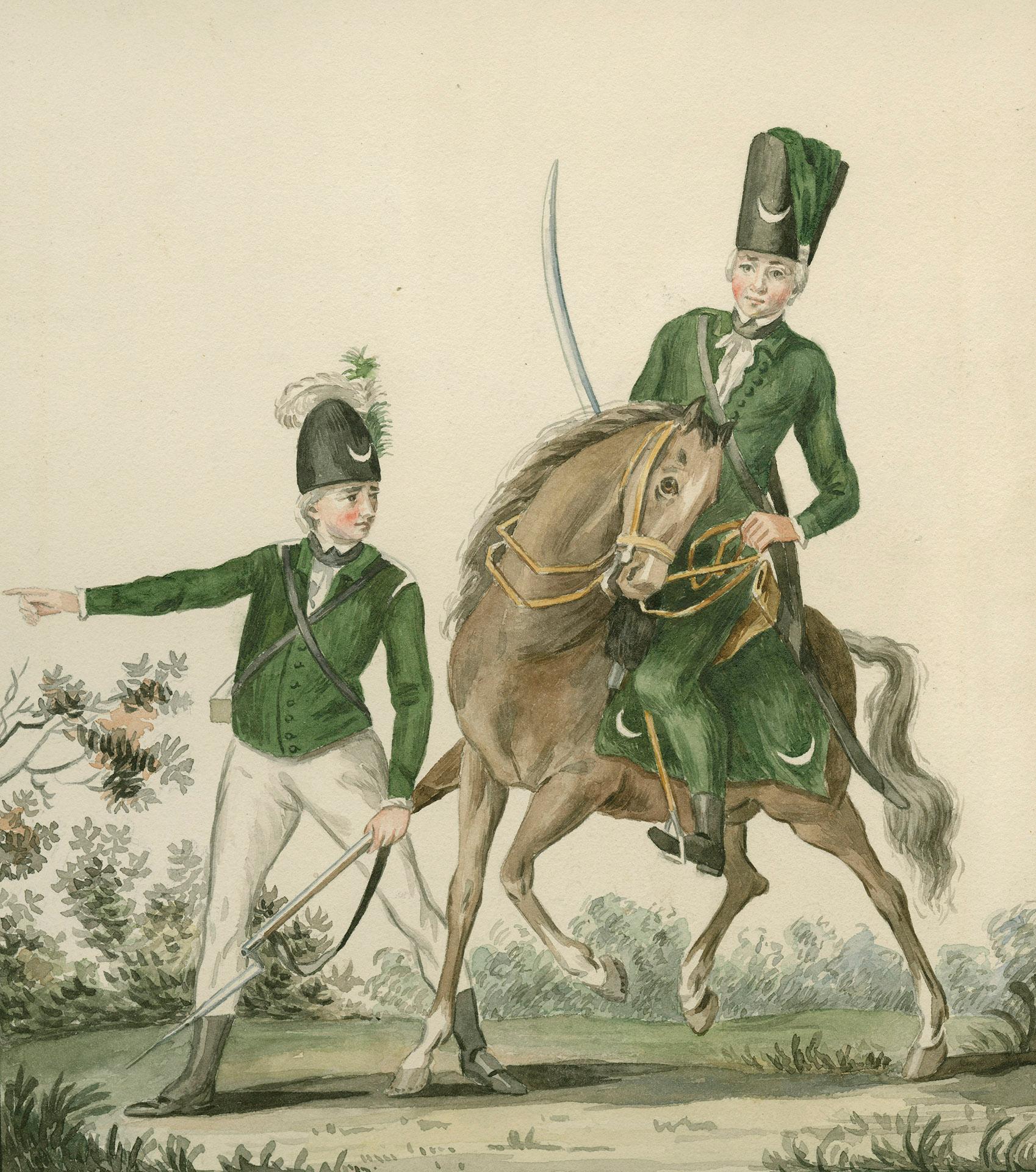 Hussars of the Queen's Rangers. The Hussars trained to gallop through the woods and between the files of the light infantry. The Hussars and Dragoons saw extensive service throughout the war. Cavalry of the Queen's Rangers were armed only with light dragoon pistols and swords.